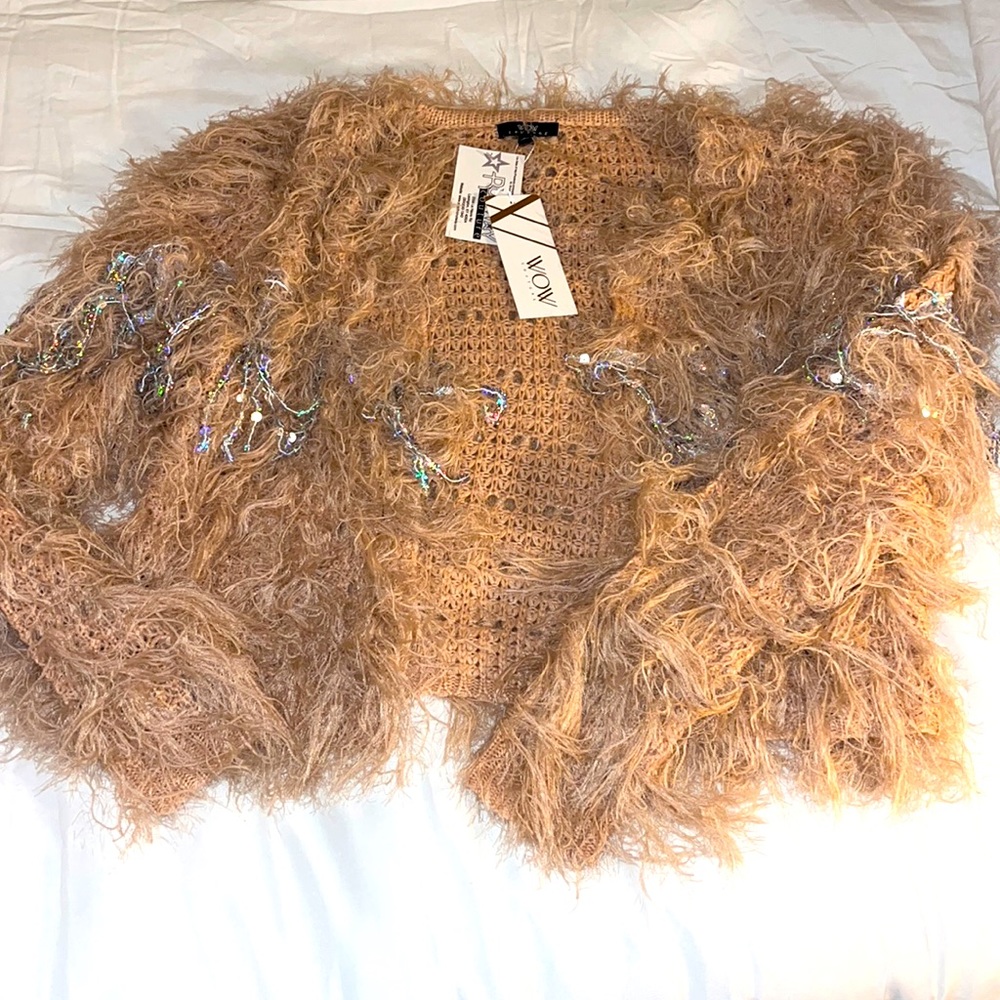 Pink shag cardigan with sequin detail size Med. NWT